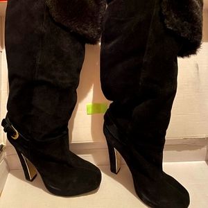 Colin Stuart black knee high boots with the fur 3.5" heel gold buckle